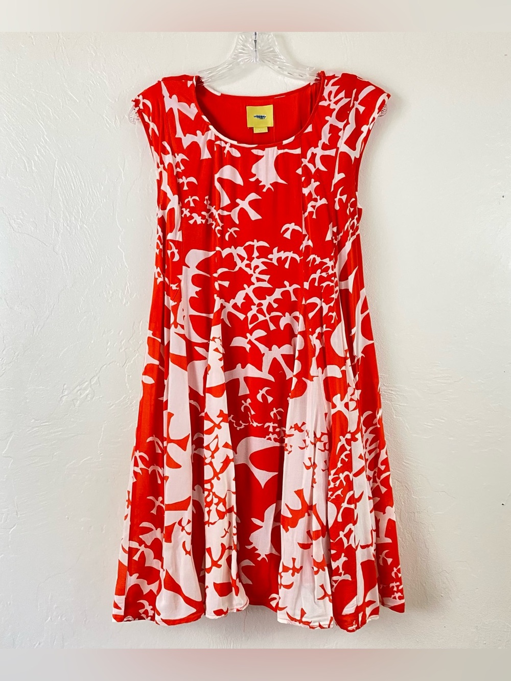 Anthropologie Maeve Size XS Coral Orange & White Scoop Neck Midi Swing Dress